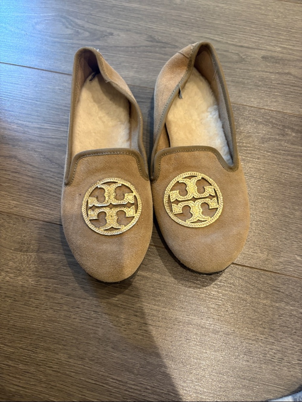 Tory Burch Chestnut Suede Slippers with Gold Logo Medallion